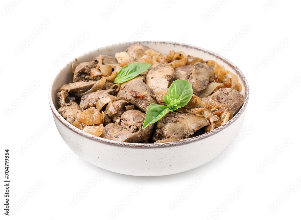 Delicious fried chicken liver with onion and basil in bowl isolated on white Delicious fried chicken liver with onion and basil in bowl isolated on white