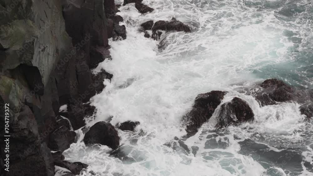 Dramatic North Atlantic ocean wave hit dark cliff while Northern fulmar fly Dramatic North Atlantic ocean wave hit dark cliff while Northern fulmar fly
