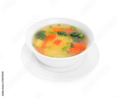Delicious vegetable soup with noodles isolated on white