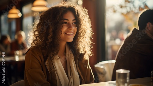 Portrait of a smiling young middle eastern woman in a cafe