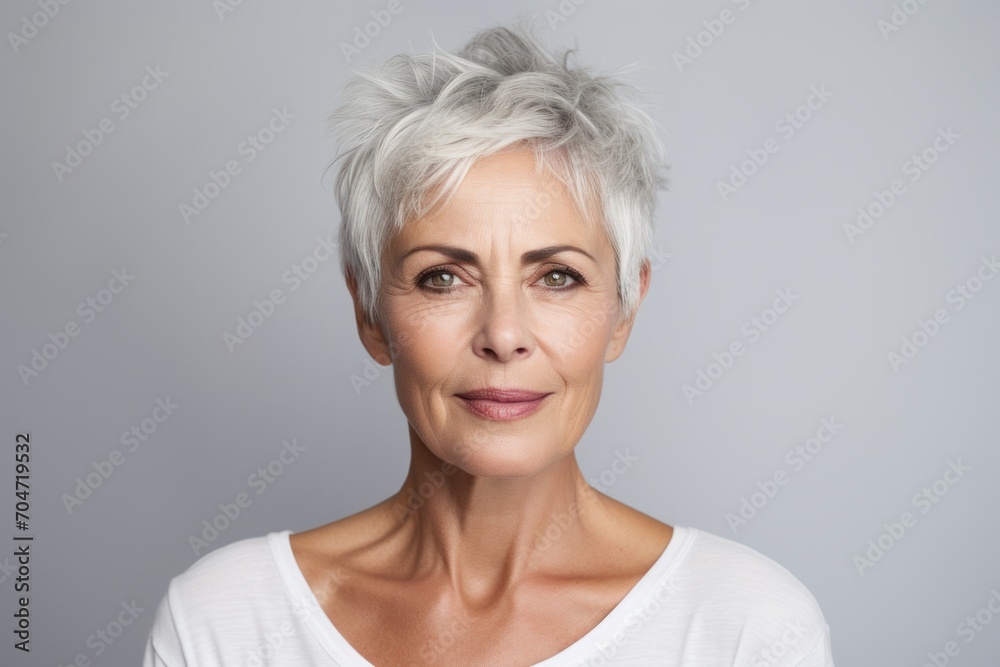 Portrait of a beautiful middle aged woman with short grey hair.