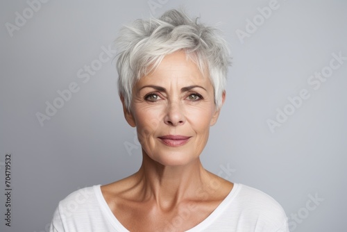 Portrait of a beautiful middle aged woman with short grey hair.