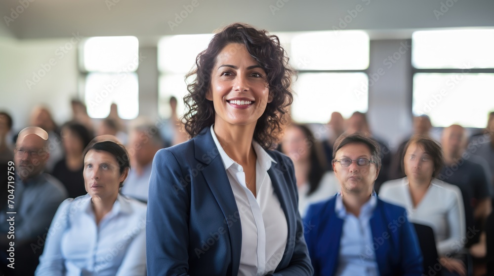 Mexican middle age business woman in front of a group Mexican middle age business woman in front of a group