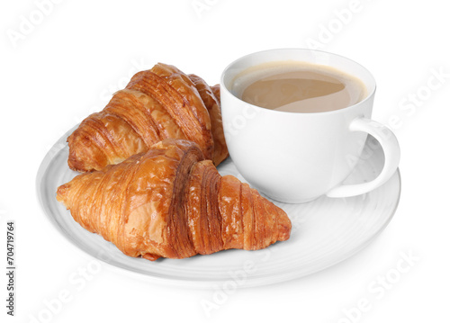 Delicious fresh croissant and cup of coffee isolated on white
