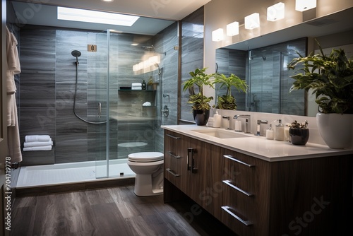 Modern bathroom interior with large glass shower and dark vanity