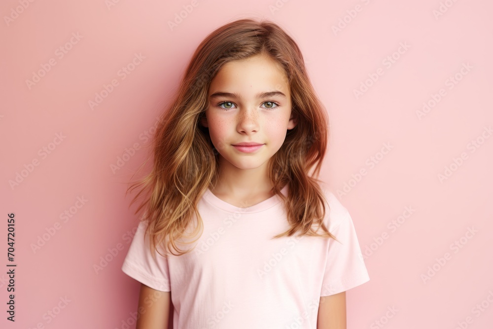Portrait of a cute little girl with long hair on a pink background Portrait of a cute little girl with long hair on a pink background
