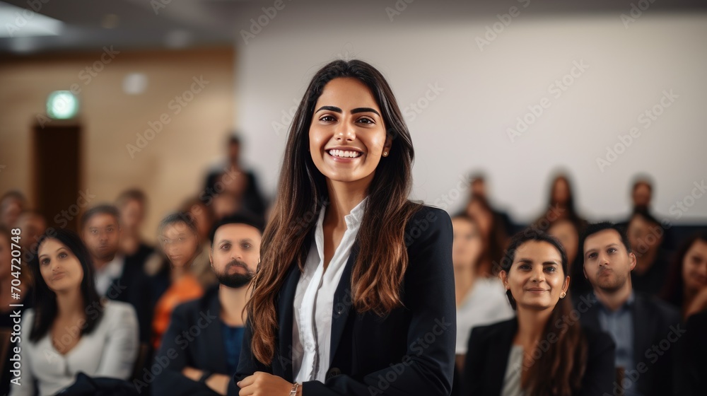 Mexican young business woman in front of a group Mexican young business woman in front of a group