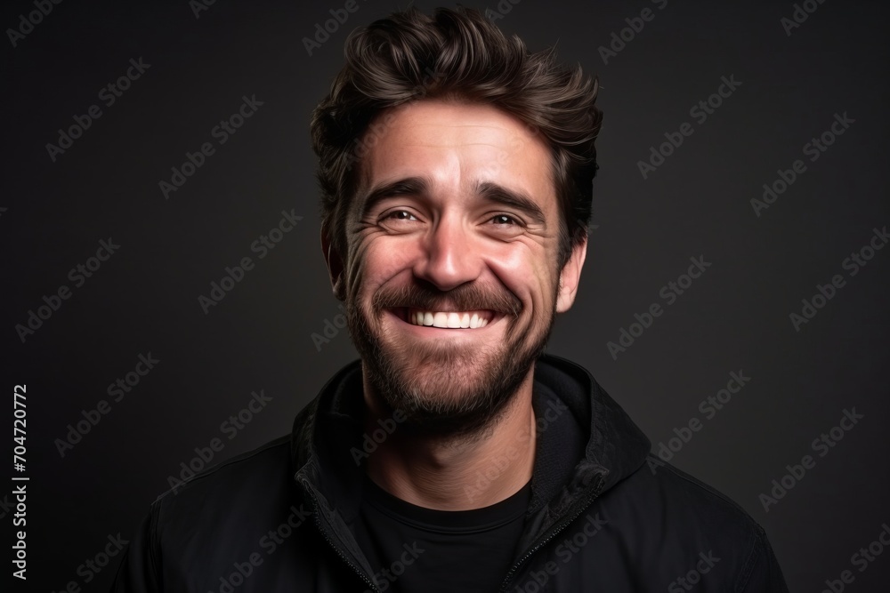 Portrait of a handsome man laughing against a dark studio background.