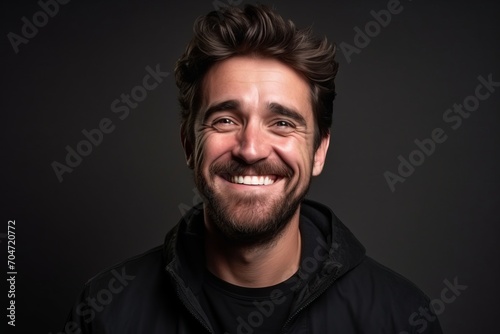 Portrait of a handsome man laughing against a dark studio background.