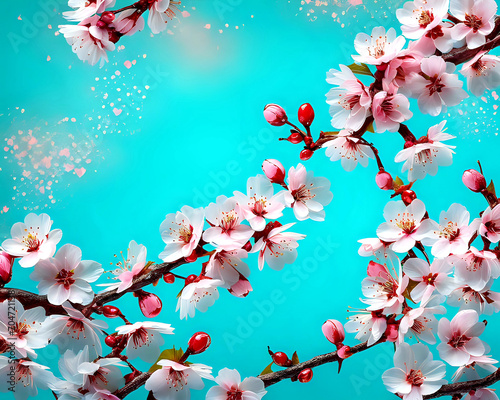 blossoming apricot branches background against a serene blue backdrop providing ample copy space. 