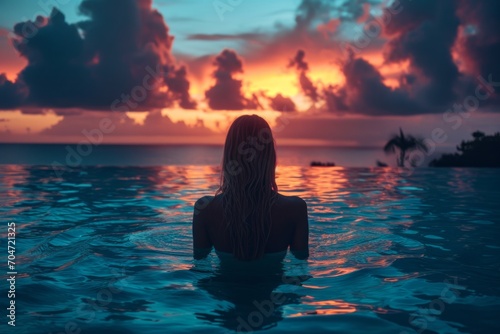 Woman in a pool with a view of the ocean at sunset