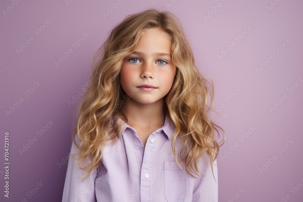 Portrait of a beautiful little girl with long blond curly hair in a purple shirt. Portrait of a beautiful little girl with long blond curly hair in a purple shirt.