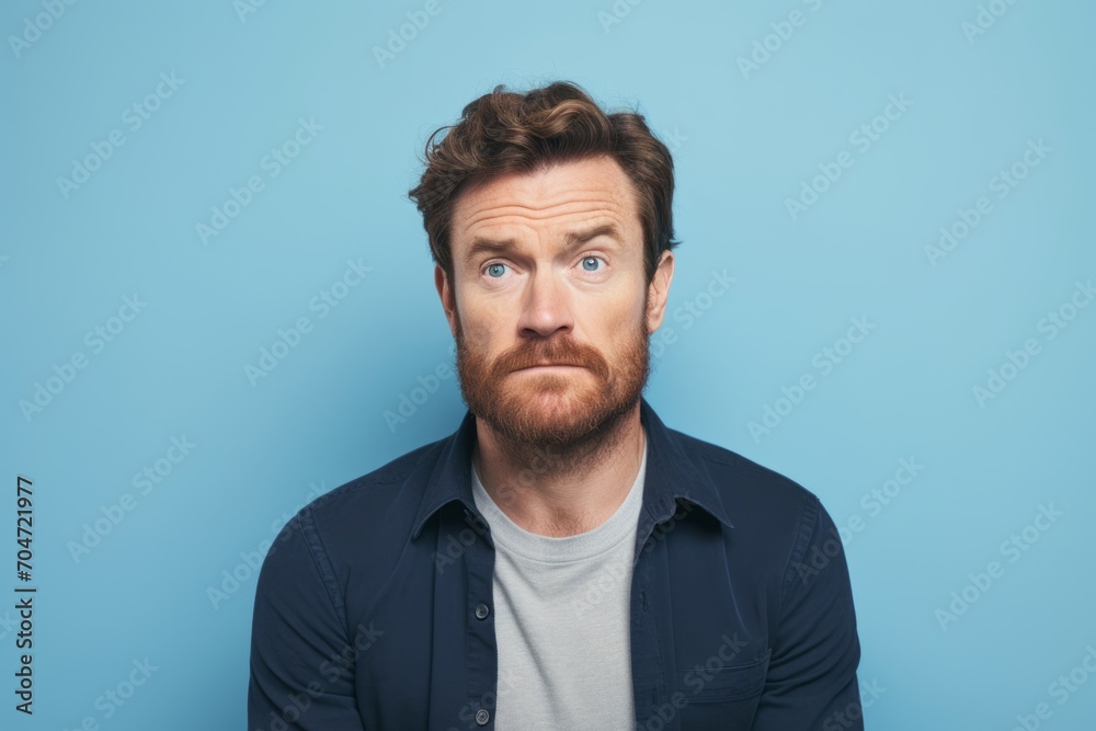 Portrait of a confused young man looking at camera over blue background Portrait of a confused young man looking at camera over blue background