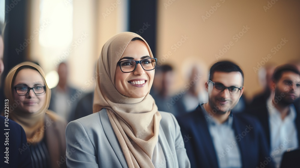 Muslim middle age business woman in front of a group Muslim middle age business woman in front of a group