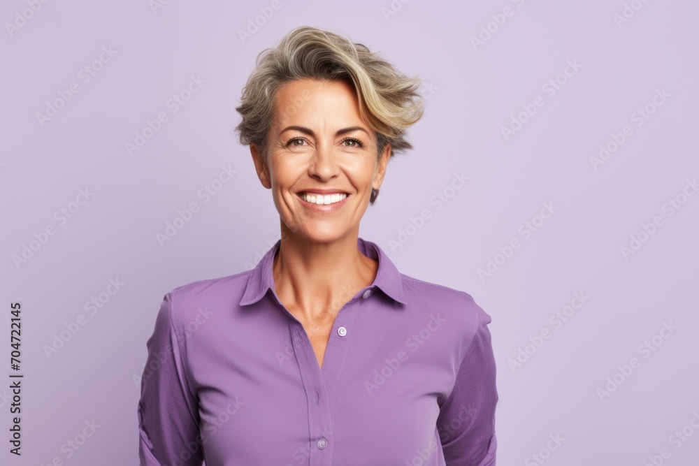 Portrait of a happy senior woman with short grey hair against purple background Portrait of a happy senior woman with short grey hair against purple background