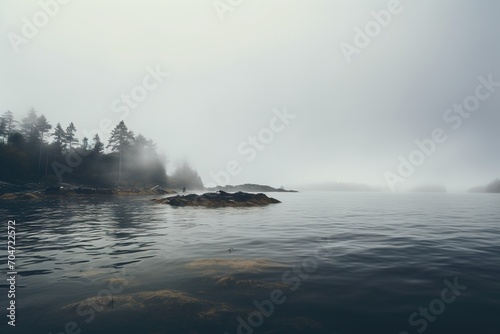 solitary man standing on the rocky shore of a lake on a foggy day