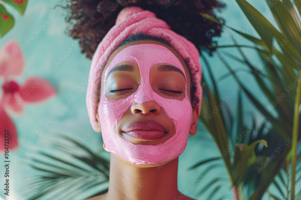 A woman does self-care spa treatments with a pink face mask at home. The concept of skin care. A woman does self-care spa treatments with a pink face mask at home. The concept of skin care.