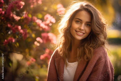 A radiant woman in a soft pink cardigan, enjoying a serene moment in a lush green park, with the golden sun casting a warm glow on her peaceful face