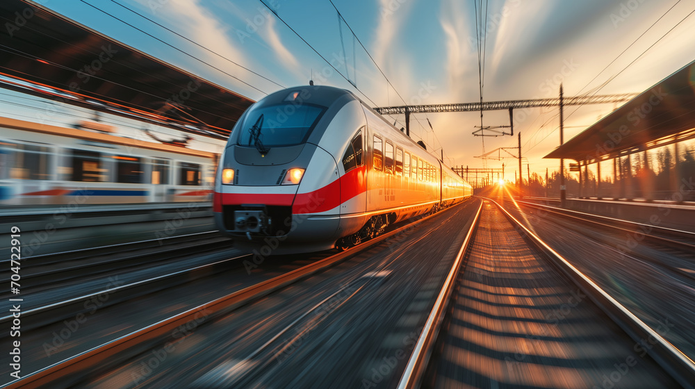 Obraz premium Beautiful railway station with modern high speed commuter train with motion blur effect with sunset, Transporation concept, Ai generated