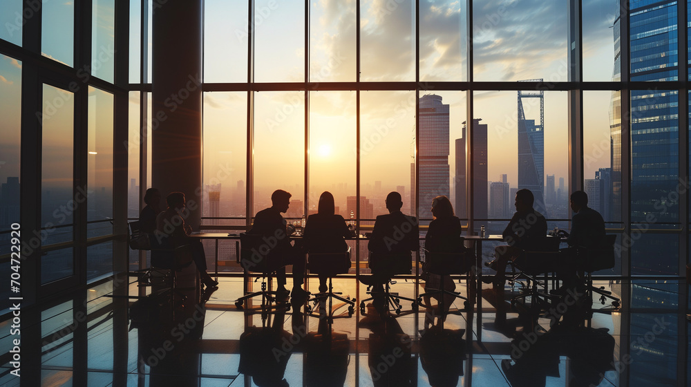 Silhouettes of business people in a conference room with city downtown ...