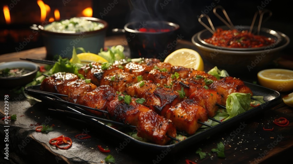 Delicious grilled yakitori with vegetable toppings, blur background