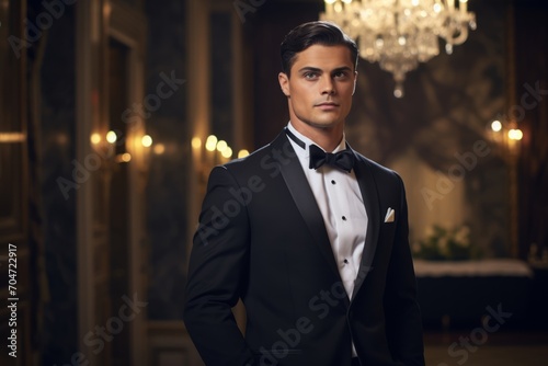 Elegant man in a tailored tuxedo adorned with a black satin cummerbund, standing confidently amidst the grandeur of a luxurious vintage ballroom setting photo