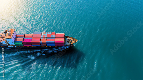 Aerial view container cargo ship, import export commerce business trade logistic and transportation of International by container cargo ship boat in the open sea, Ai generated. © Sunshine