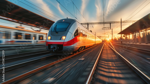 Beautiful railway station with modern high speed commuter train with motion blur effect with sunset, Transporation concept, Ai generated photo
