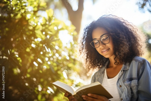 A Young Woman with Curly Black Hair and Glasses, Intently Reading a Book in a Peaceful Outdoor Park, with Warm Sunlight Filtering Through the Leaves of Towering Trees