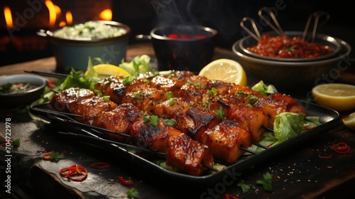 Delicious grilled yakitori with vegetable toppings, blur background