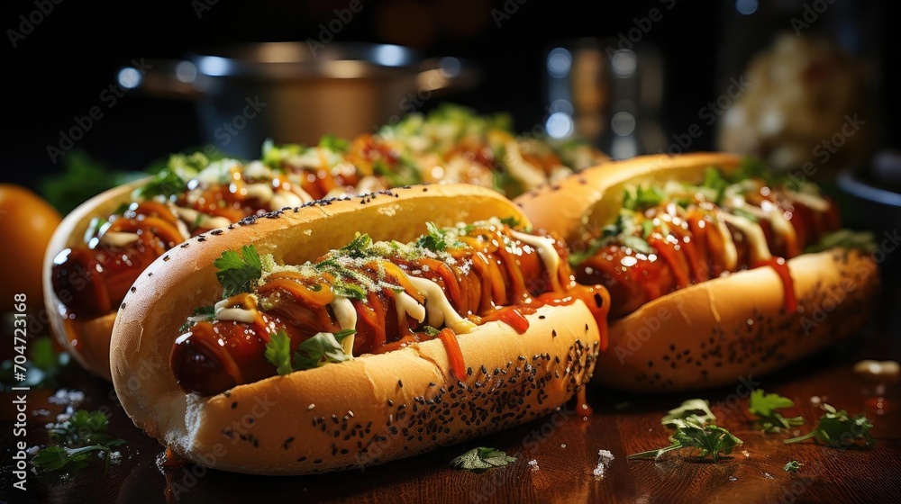 hotdog with a large sausage filled with melted mayonnaise and a sprinkling of chopped greens - obrazy, fototapety, plakaty 