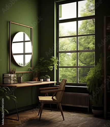 Minimalist green home office with large windows