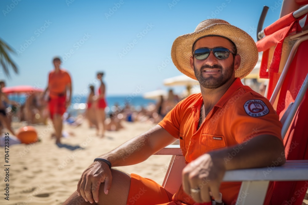 Obraz premium A Day in the Life: Portrait of a Dedicated Lifeguard Vigilantly Watching Over the Bustling Public Beach, Ensuring the Safety of Swimmers and Sunbathers Alike