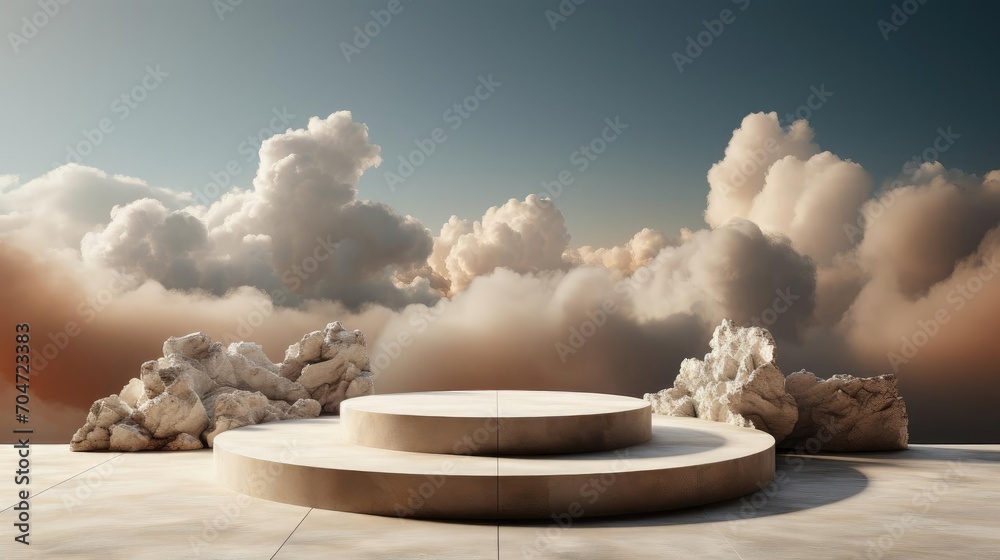 3d circle rock podium product stand or display with sky and cloud background and cinematic light 3d circle rock podium product stand or display with sky and cloud background and cinematic light