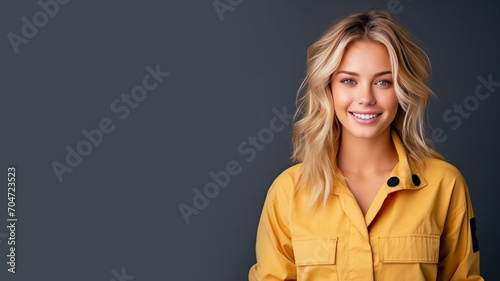 Blonde woman in firefighter uniform smile isolated on pastel background