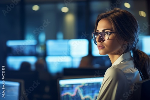 A Portrait of a Determined Female Defense Analyst, Deep in Thought, Surrounded by Charts and Maps in her High-Tech Office