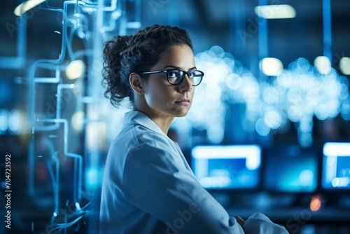Portrait of a Determined Female Defense Technology Researcher, Engrossed in Her Work, Surrounded by High-Tech Equipment in a State-of-the-Art Laboratory