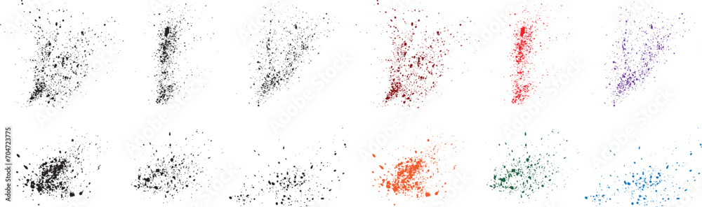 Splash grunge texture horror red, orange, purple, black, green, wheat color blood splatter vector banner illustration set