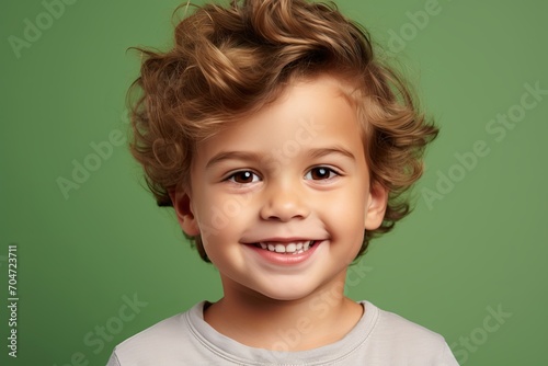 Portrait of happy little boy with curly hair over green background.