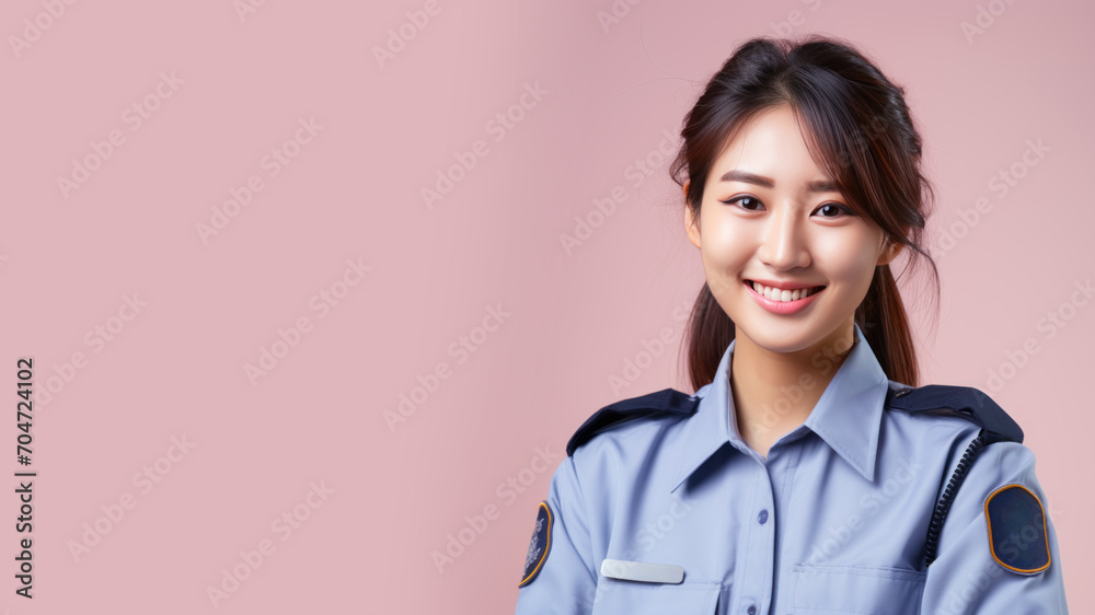 Asian woman in prison officer uniform isolated on pastel background Asian woman in prison officer uniform isolated on pastel background