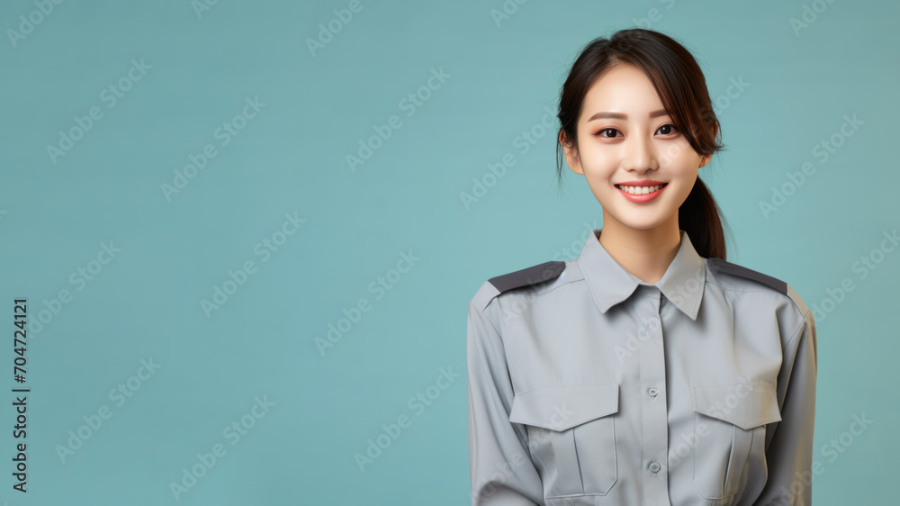 Asian woman in prison officer uniform isolated on pastel background Asian woman in prison officer uniform isolated on pastel background
