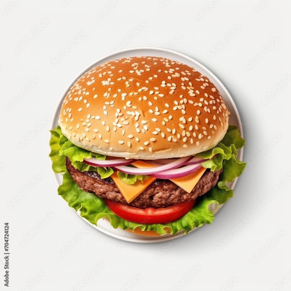 Beef patty and cheese burger with lettuce, tomato, onion, and sesame seed bun Beef patty and cheese burger with lettuce, tomato, onion, and sesame seed bun
