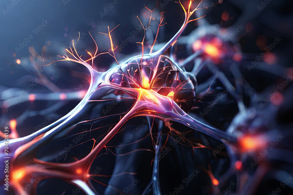 Interconnected neurons. 3D illustration captures human brain's neuronal firing. Detailed portrayal of interconnected neural networks.