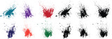 Hand painted realistic abstract orange, black, red, green, wheat, purple color splatter grunge vector ink brush set