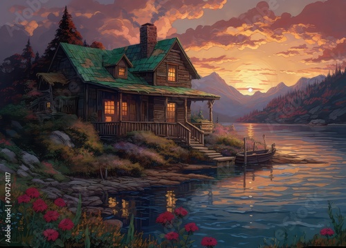 Beautiful landscape with houses and trees fantasy background generated AI

