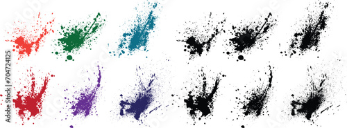 Hand-drawn grunge dirty isolated orange, black, red, green, wheat, purple color ink splatter brush line background set