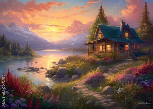 Beautiful landscape with houses and trees fantasy background generated AI 