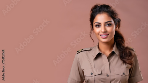 Indian woman in prison officer uniform isolated on pastel background © Ari