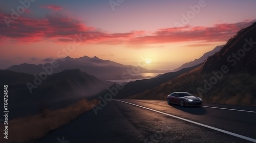 Car drives through mountain pass at sunset © duyina1990