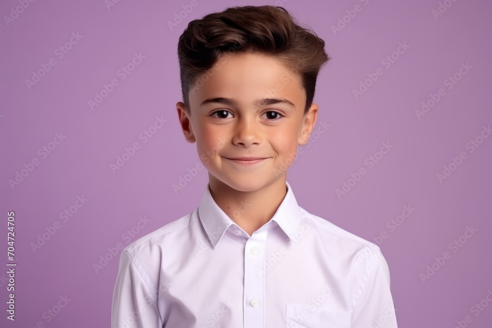Portrait of a cute little boy in a white shirt on a purple background Portrait of a cute little boy in a white shirt on a purple background